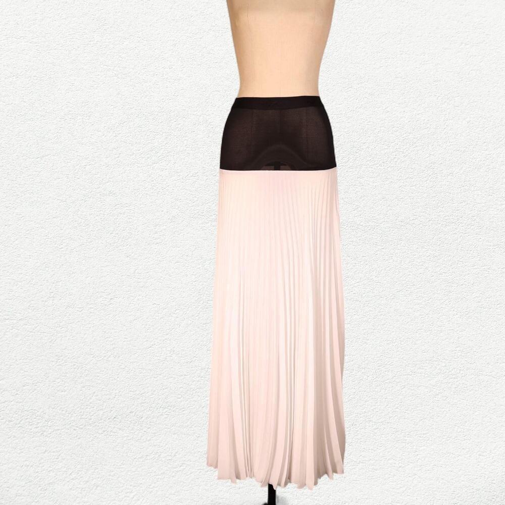 Milla Parisienne Pleated Sheer Lace Maxi Skirt Logo Waistband in Black & White